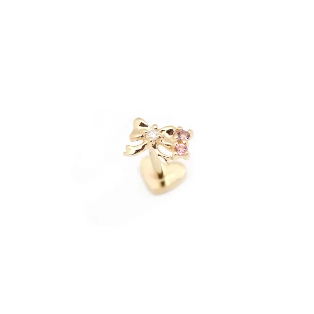 14KT Solid Gold Ribbon Sparkle Threaded Labret Earring