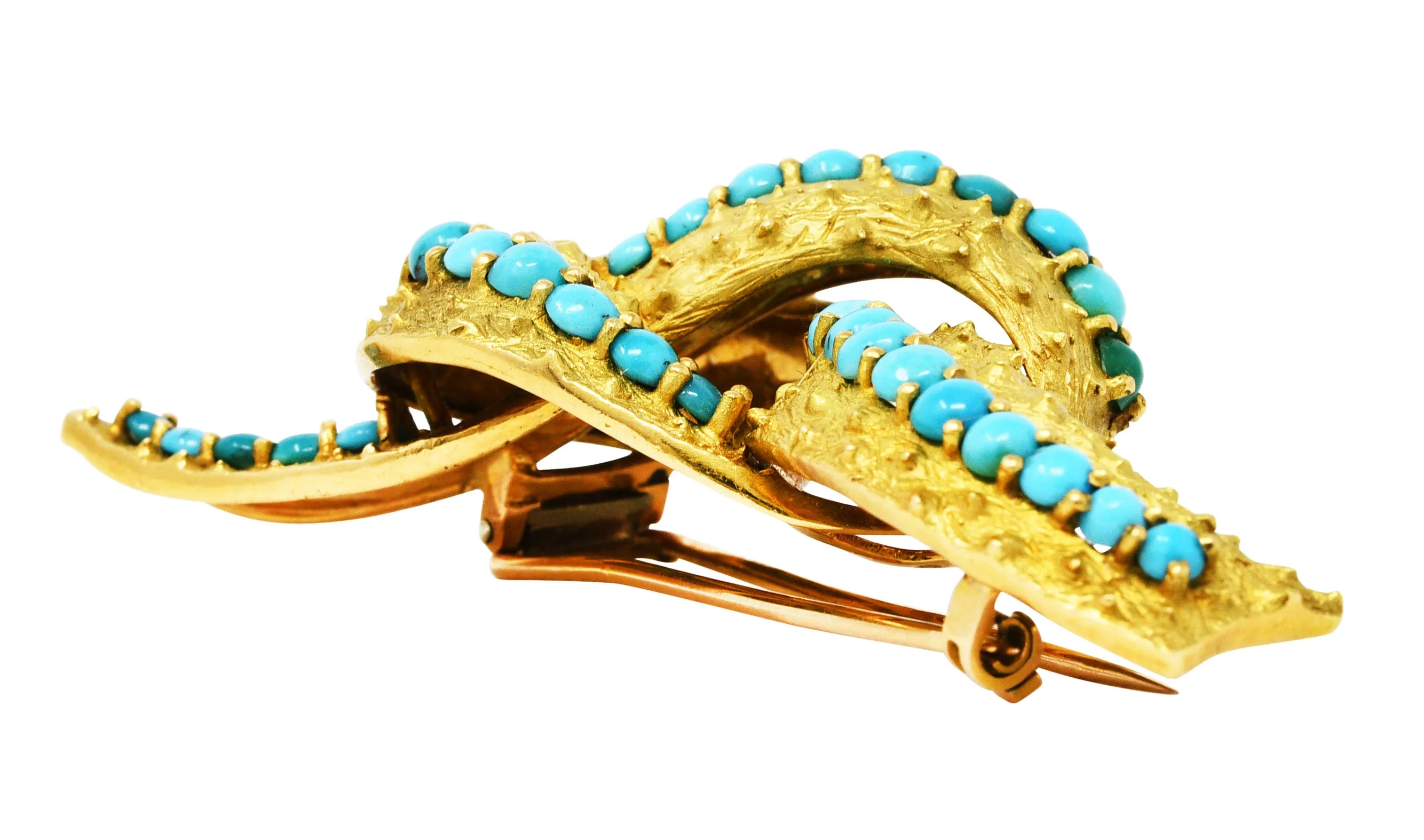 1960's French Vintage Turquoise 18 Karat Gold Knot Brooch