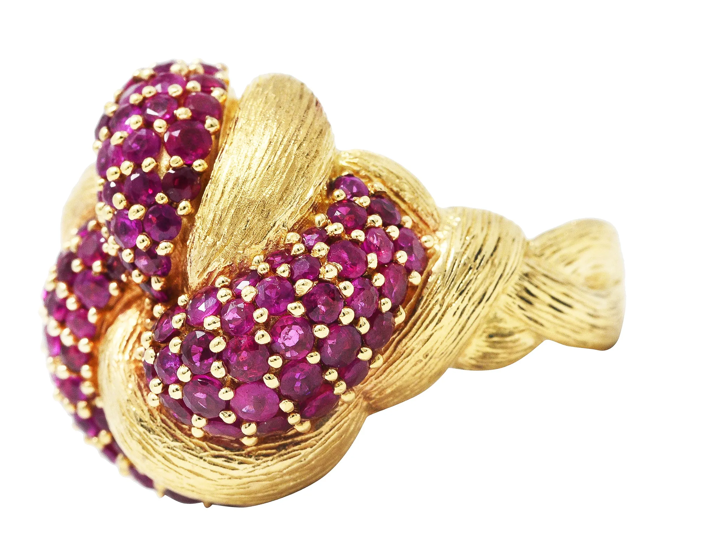 1960's Modern 5.00 CTW Pave Ruby 14 Karat Yellow Gold Twisted Knot Ring