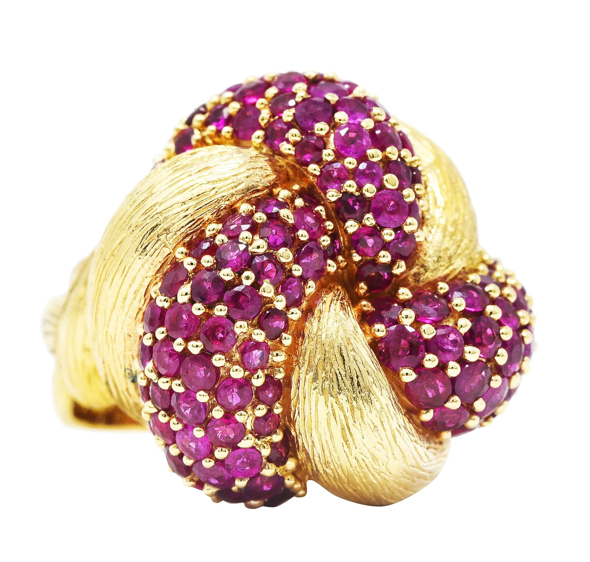1960's Modern 5.00 CTW Pave Ruby 14 Karat Yellow Gold Twisted Knot Ring