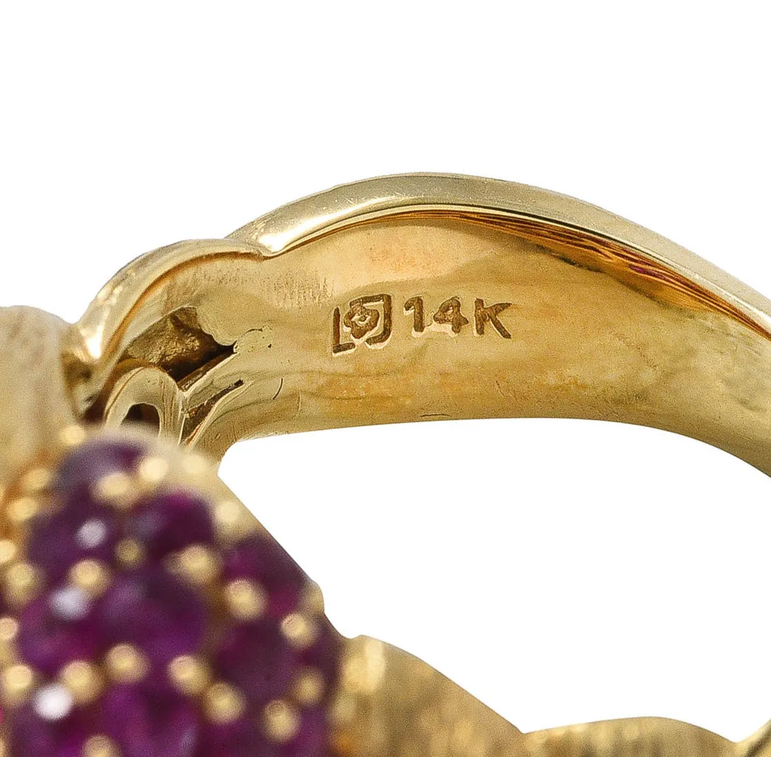 1960's Modern 5.00 CTW Pave Ruby 14 Karat Yellow Gold Twisted Knot Ring
