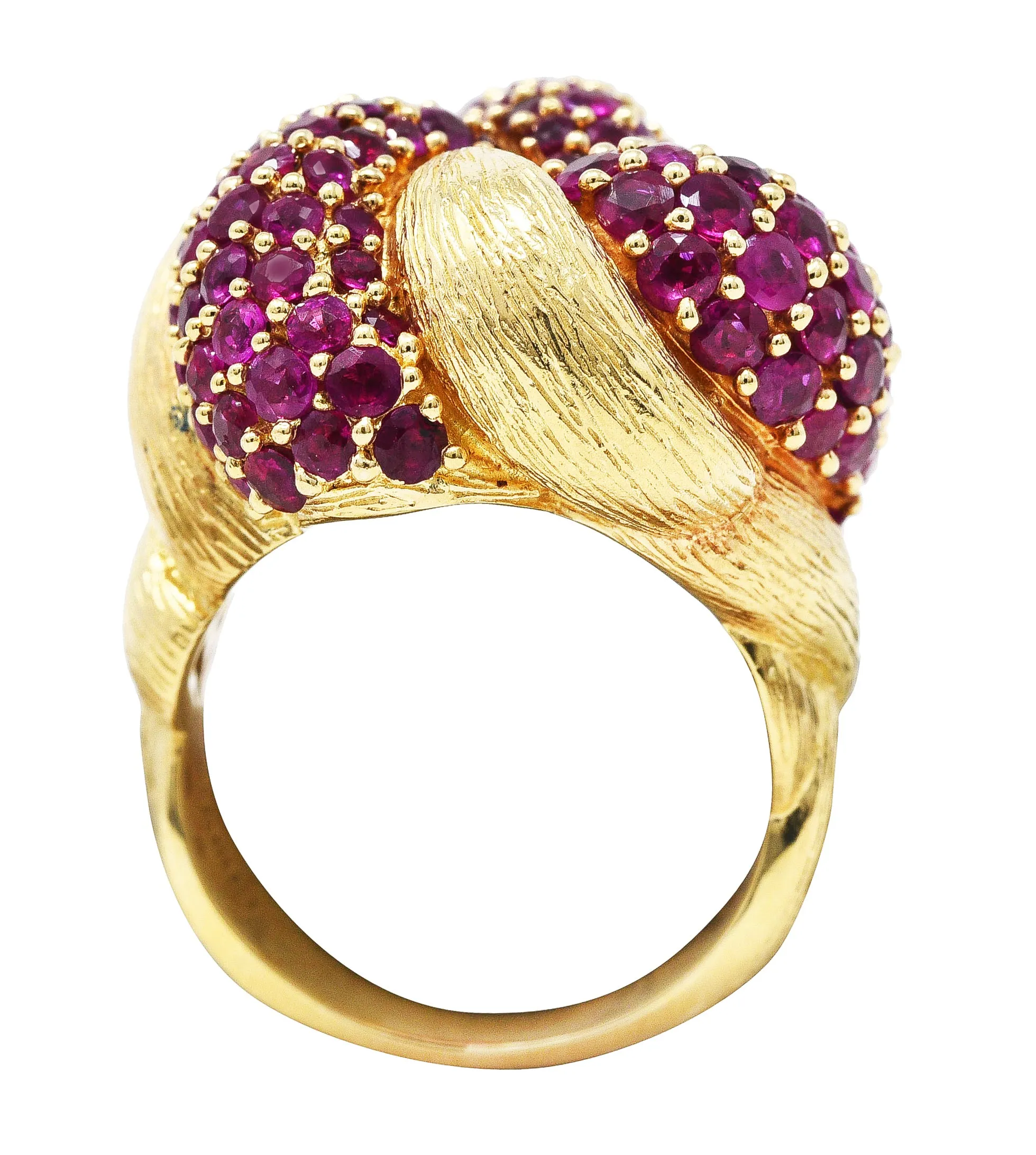 1960's Modern 5.00 CTW Pave Ruby 14 Karat Yellow Gold Twisted Knot Ring