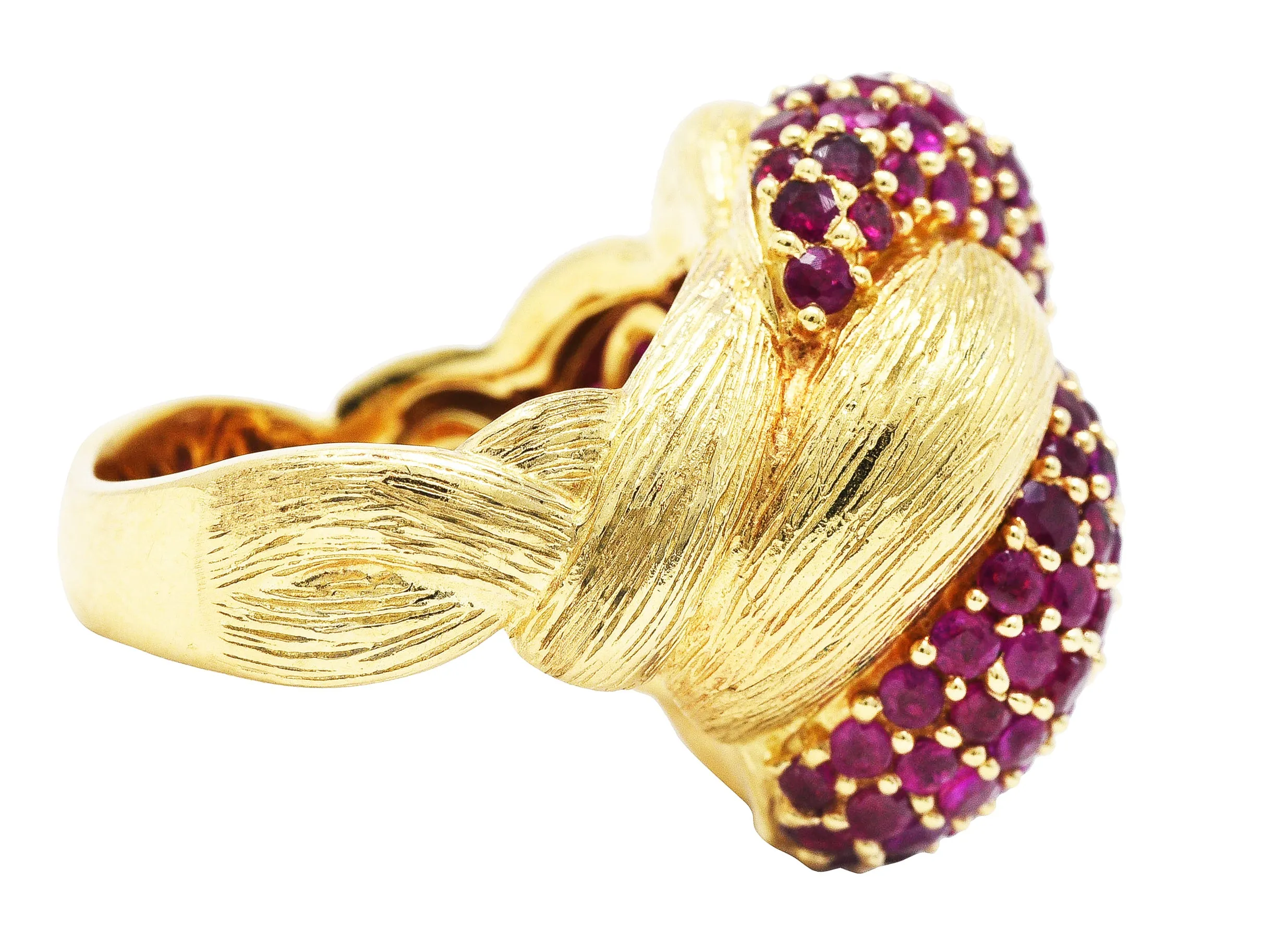 1960's Modern 5.00 CTW Pave Ruby 14 Karat Yellow Gold Twisted Knot Ring
