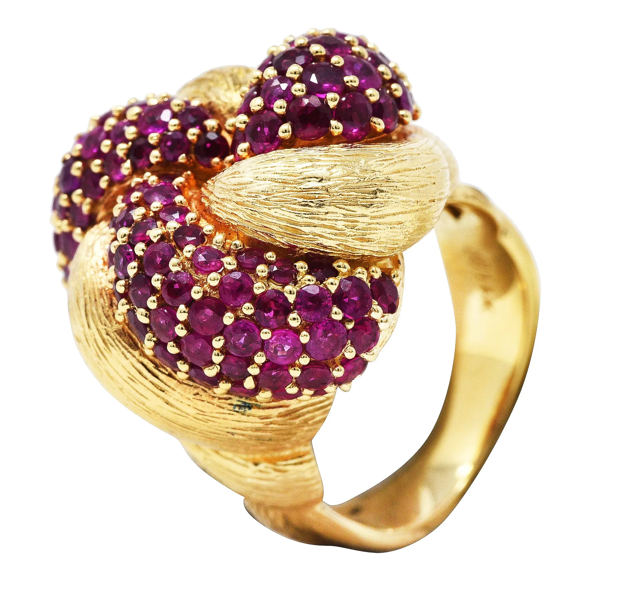 1960's Modern 5.00 CTW Pave Ruby 14 Karat Yellow Gold Twisted Knot Ring