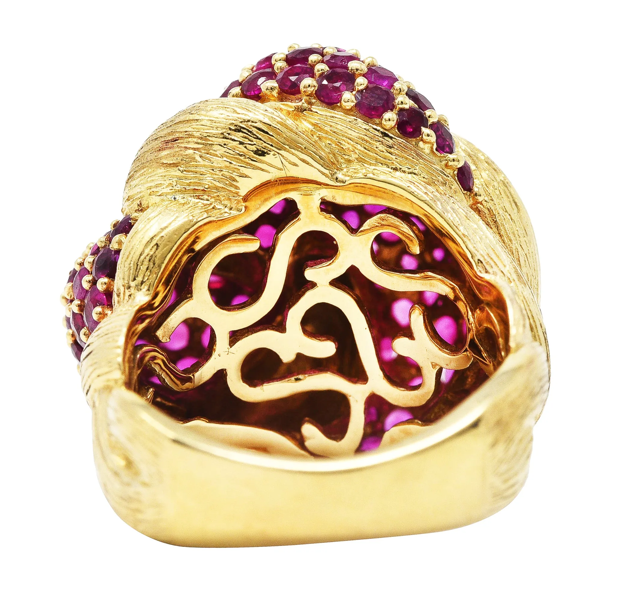 1960's Modern 5.00 CTW Pave Ruby 14 Karat Yellow Gold Twisted Knot Ring
