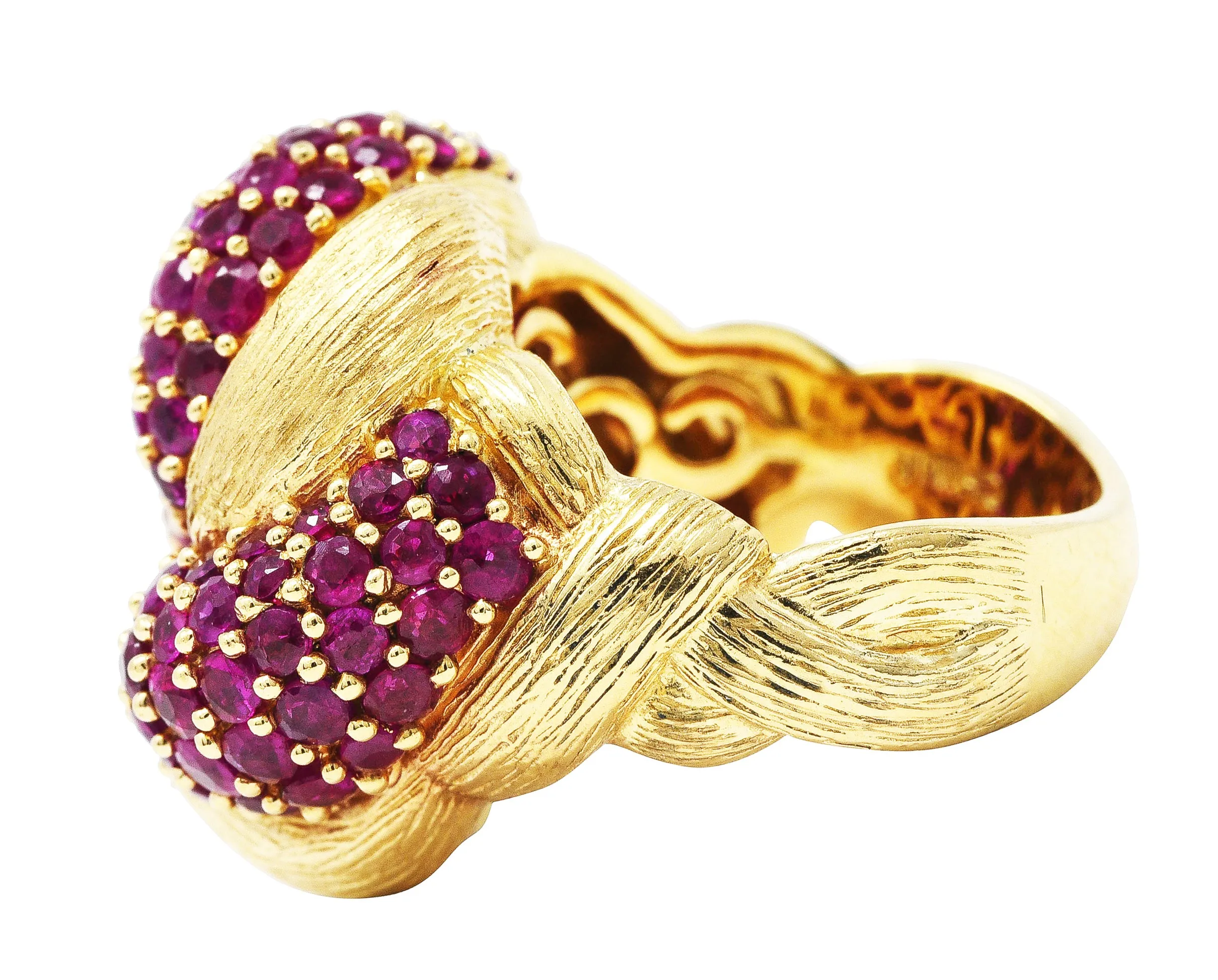 1960's Modern 5.00 CTW Pave Ruby 14 Karat Yellow Gold Twisted Knot Ring