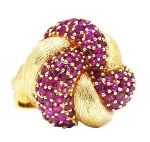 1960's Modern 5.00 CTW Pave Ruby 14 Karat Yellow Gold Twisted Knot Ring