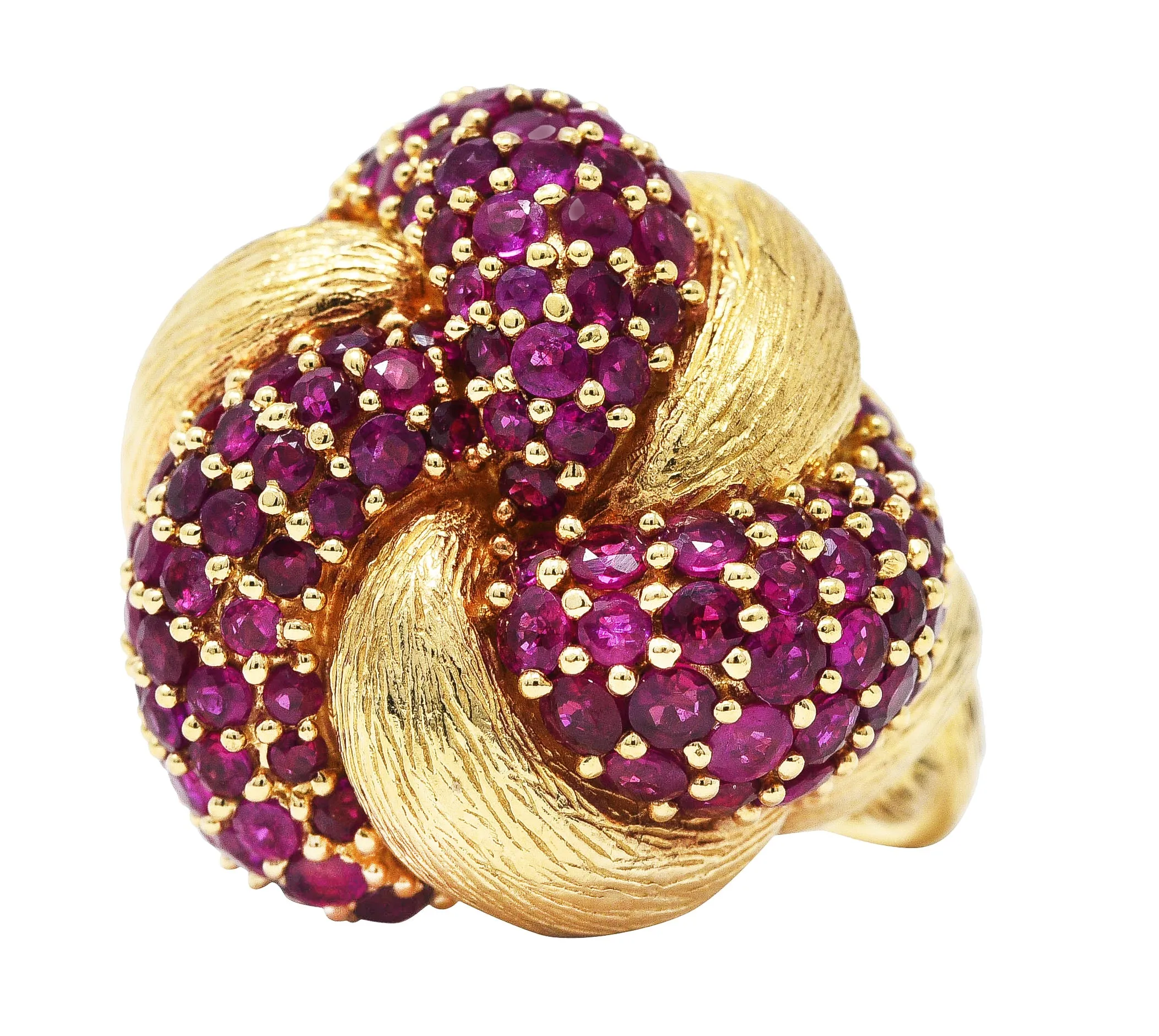 1960's Modern 5.00 CTW Pave Ruby 14 Karat Yellow Gold Twisted Knot Ring