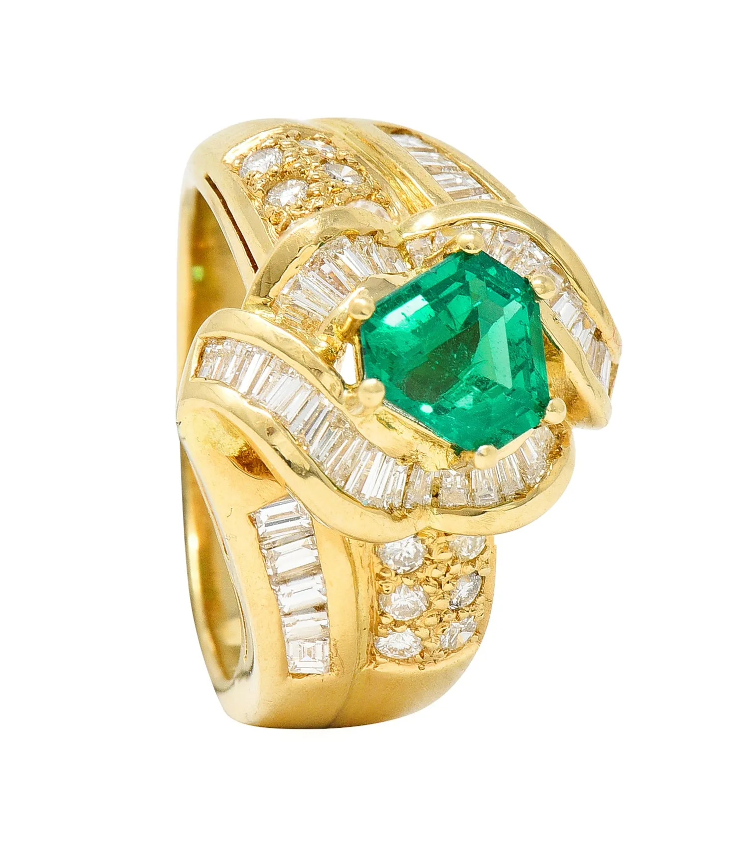 1980's Vintage 2.09 CTW Colombian Emerald Diamond 18 Karat Yellow Gold Knot Ring GIA