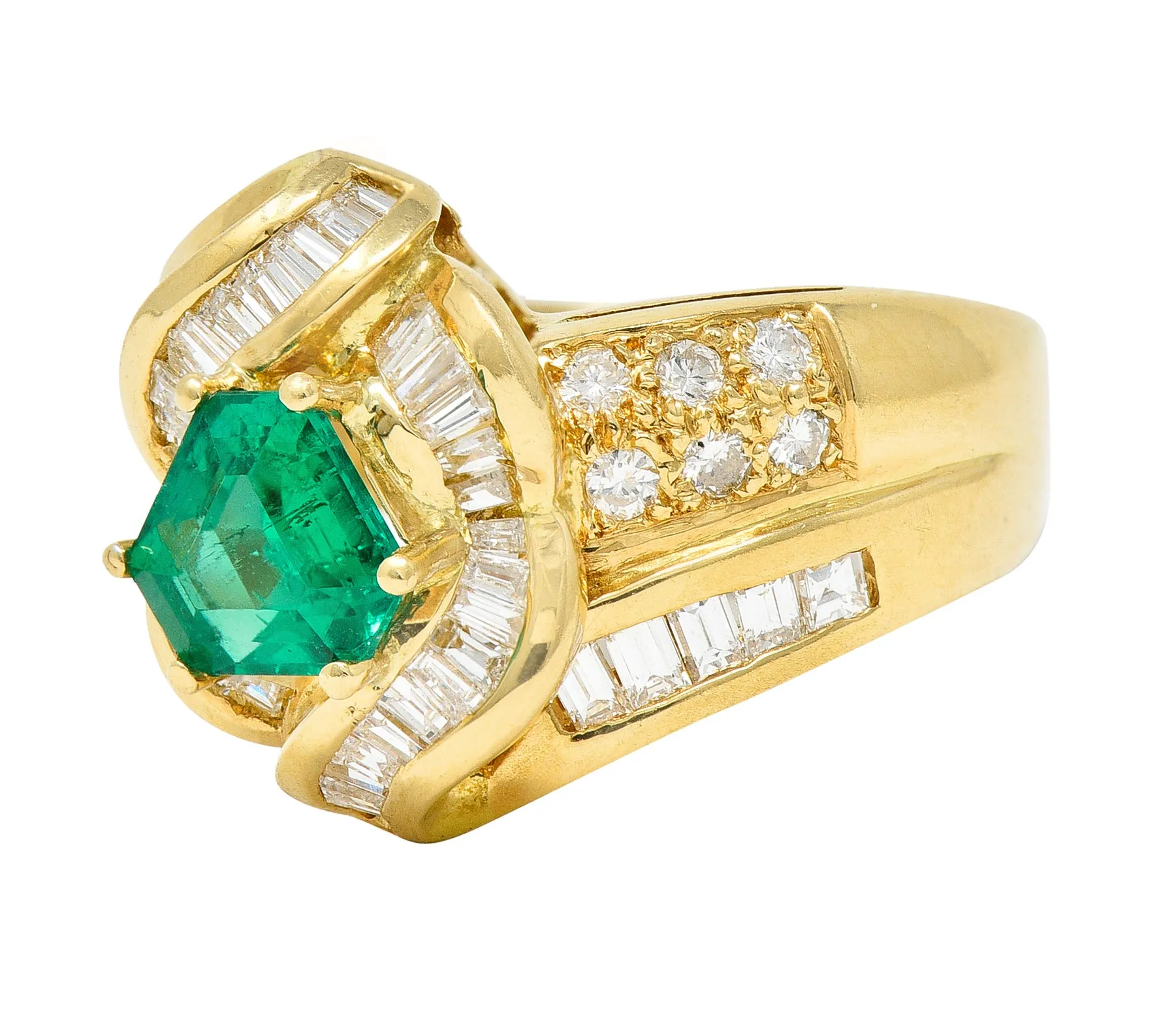 1980's Vintage 2.09 CTW Colombian Emerald Diamond 18 Karat Yellow Gold Knot Ring GIA