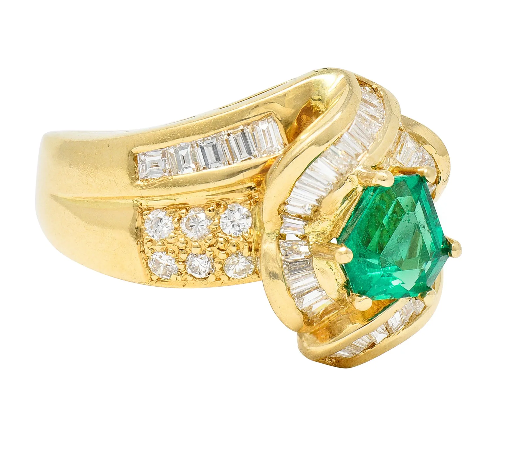 1980's Vintage 2.09 CTW Colombian Emerald Diamond 18 Karat Yellow Gold Knot Ring GIA