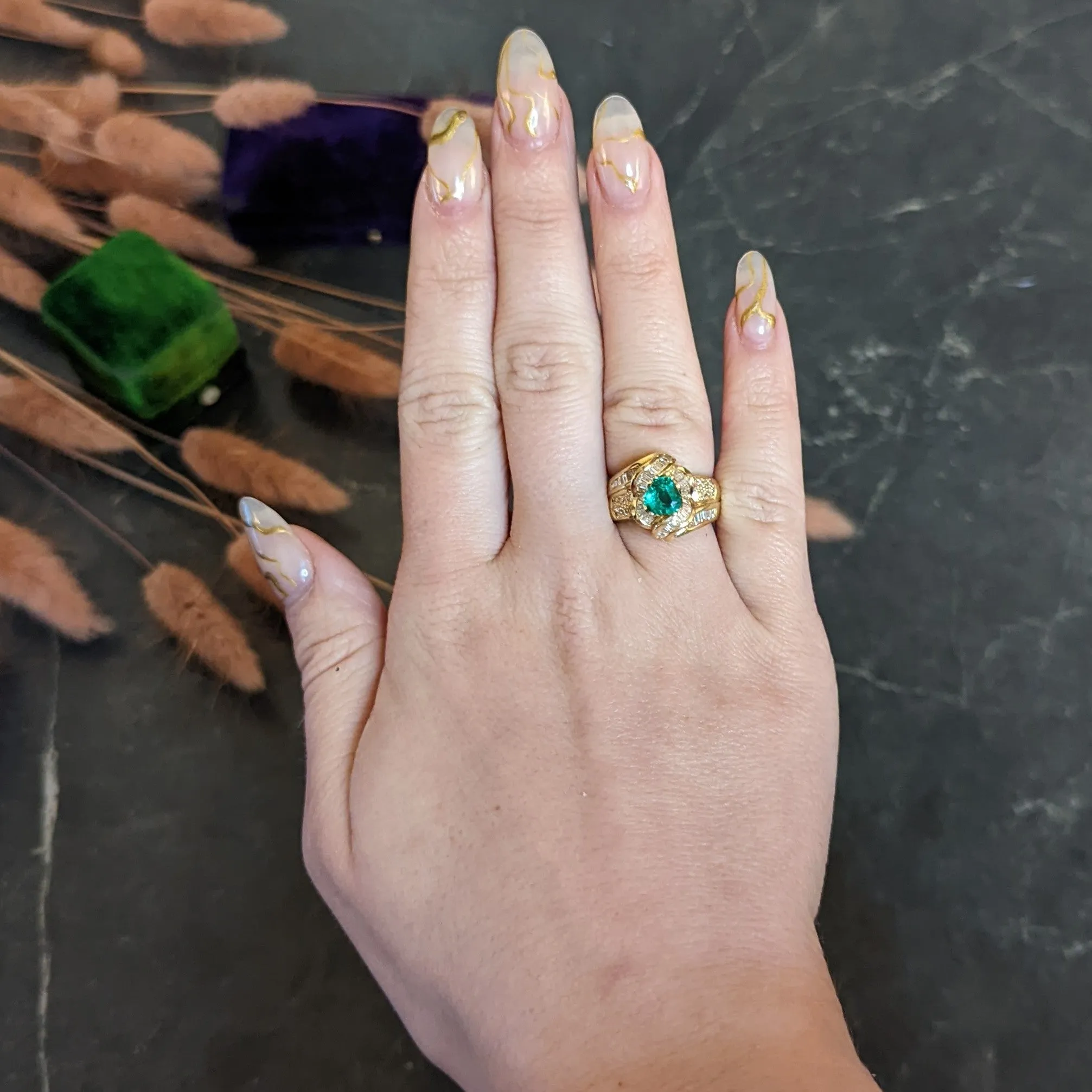1980's Vintage 2.09 CTW Colombian Emerald Diamond 18 Karat Yellow Gold Knot Ring GIA
