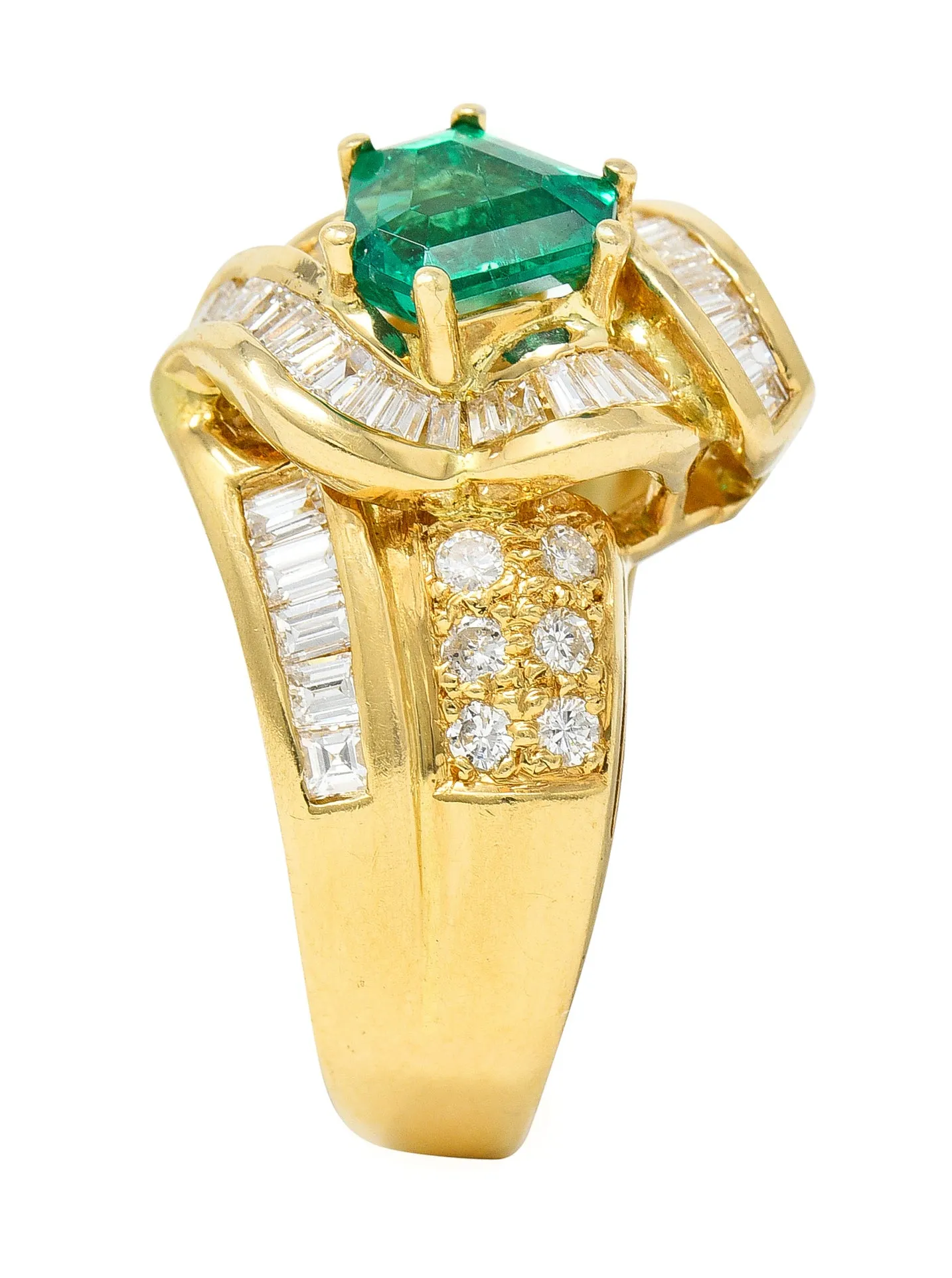 1980's Vintage 2.09 CTW Colombian Emerald Diamond 18 Karat Yellow Gold Knot Ring GIA