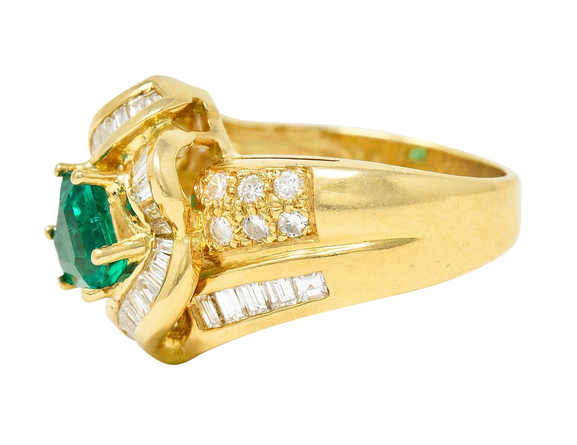 1980's Vintage 2.09 CTW Colombian Emerald Diamond 18 Karat Yellow Gold Knot Ring GIA