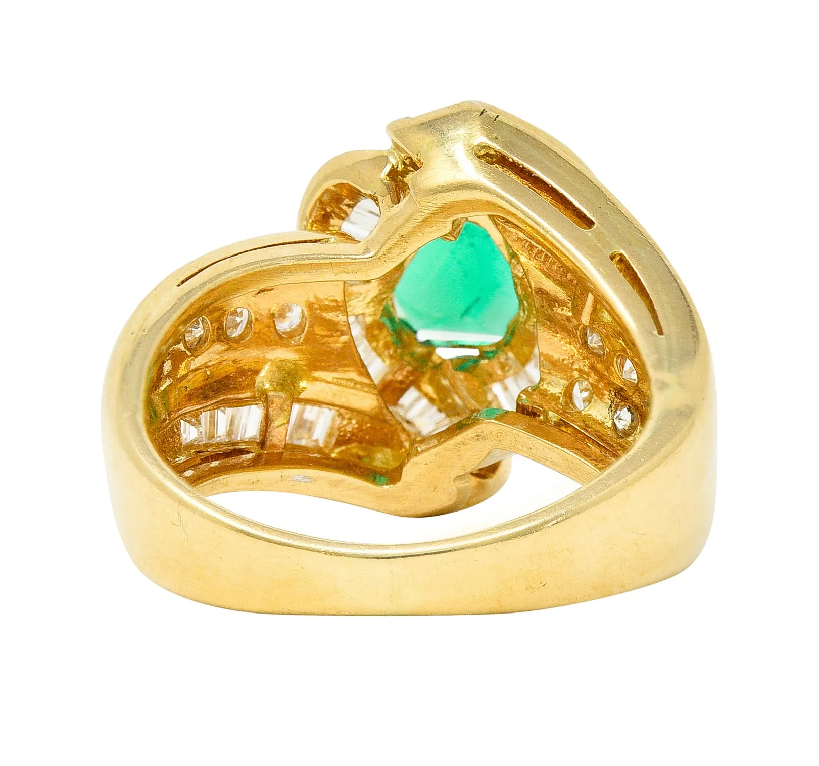 1980's Vintage 2.09 CTW Colombian Emerald Diamond 18 Karat Yellow Gold Knot Ring GIA