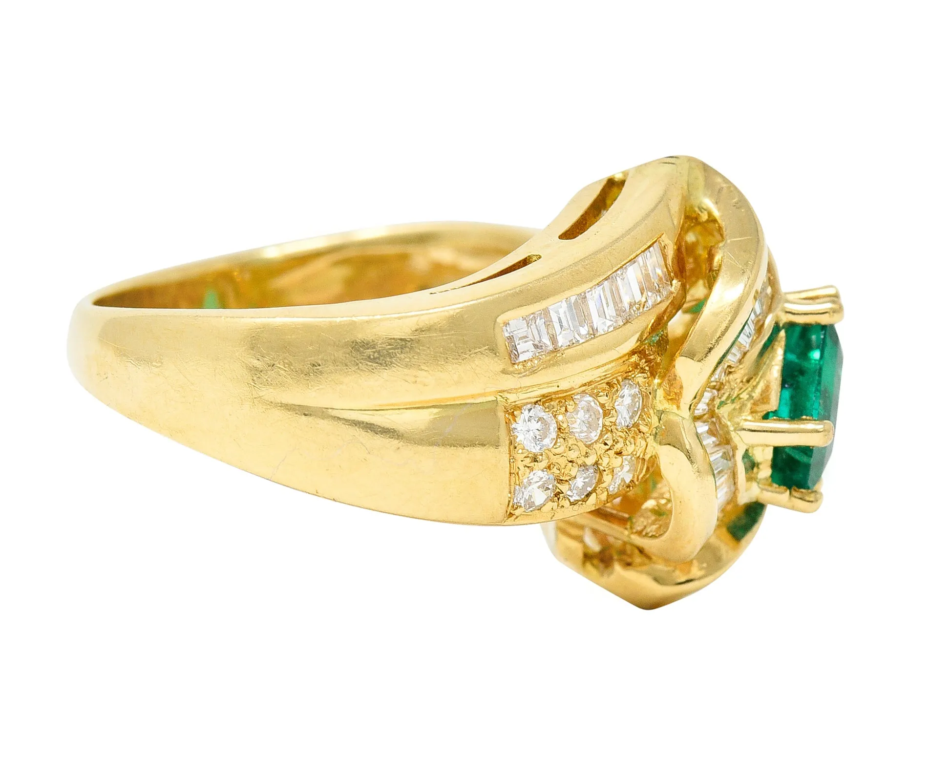 1980's Vintage 2.09 CTW Colombian Emerald Diamond 18 Karat Yellow Gold Knot Ring GIA