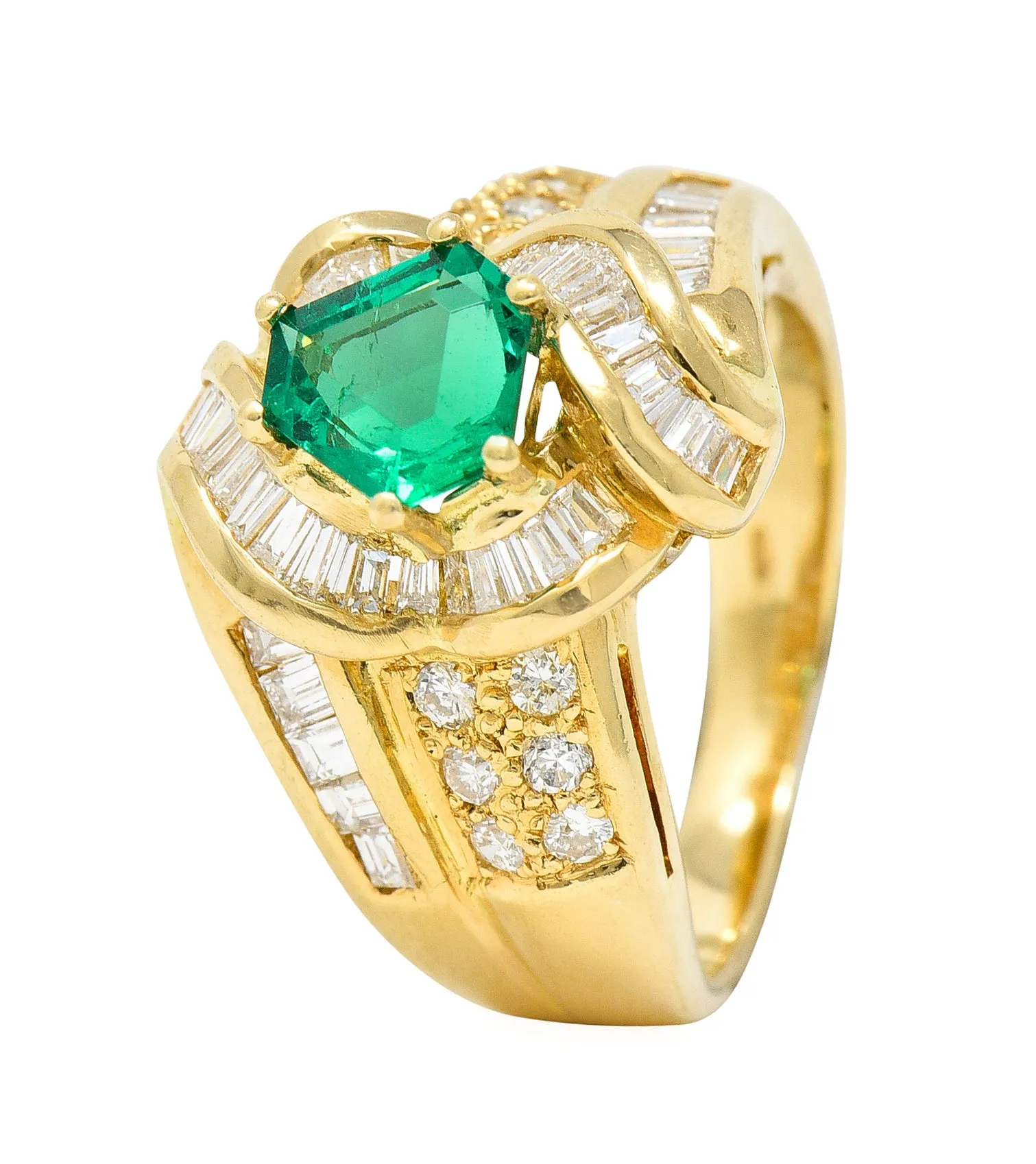 1980's Vintage 2.09 CTW Colombian Emerald Diamond 18 Karat Yellow Gold Knot Ring GIA