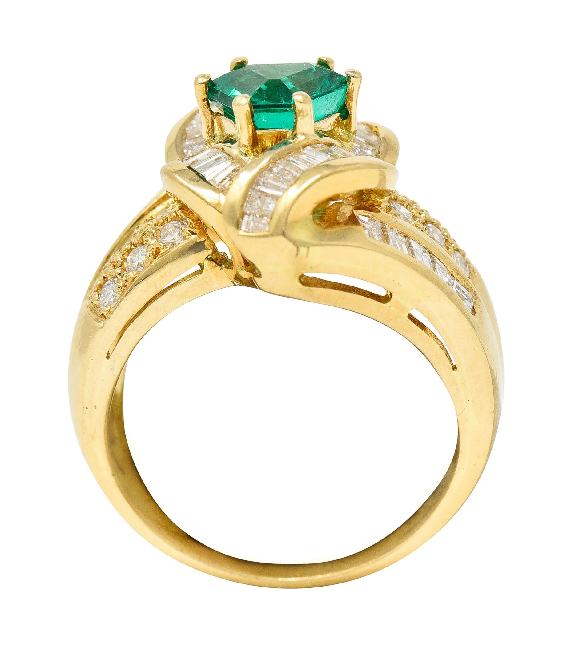 1980's Vintage 2.09 CTW Colombian Emerald Diamond 18 Karat Yellow Gold Knot Ring GIA