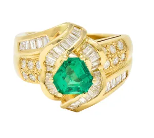 1980's Vintage 2.09 CTW Colombian Emerald Diamond 18 Karat Yellow Gold Knot Ring GIA