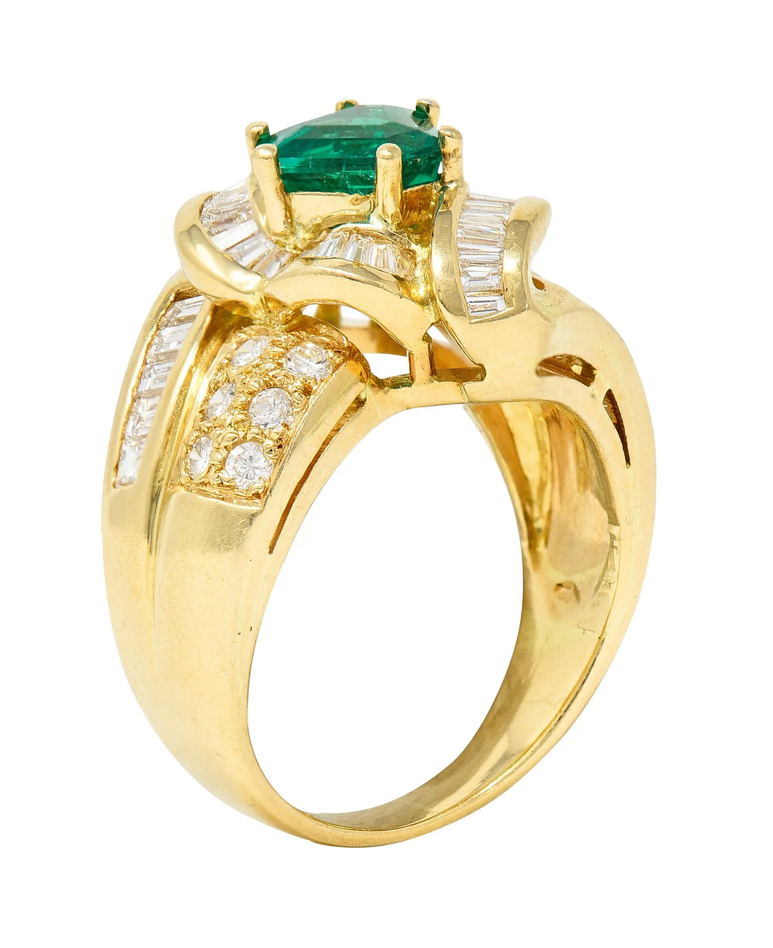 1980's Vintage 2.09 CTW Colombian Emerald Diamond 18 Karat Yellow Gold Knot Ring GIA