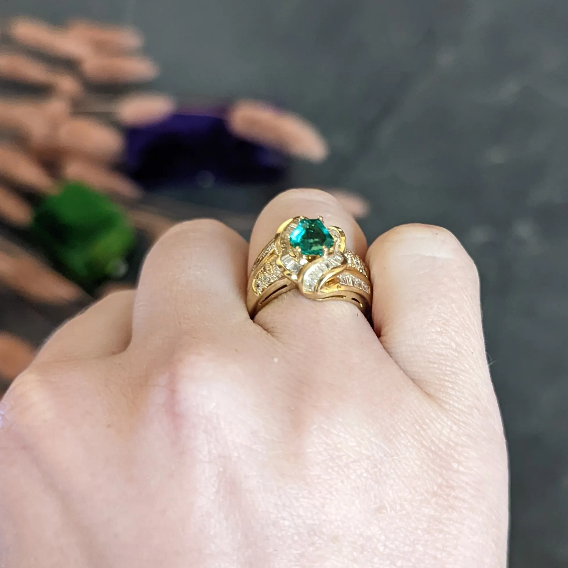 1980's Vintage 2.09 CTW Colombian Emerald Diamond 18 Karat Yellow Gold Knot Ring GIA