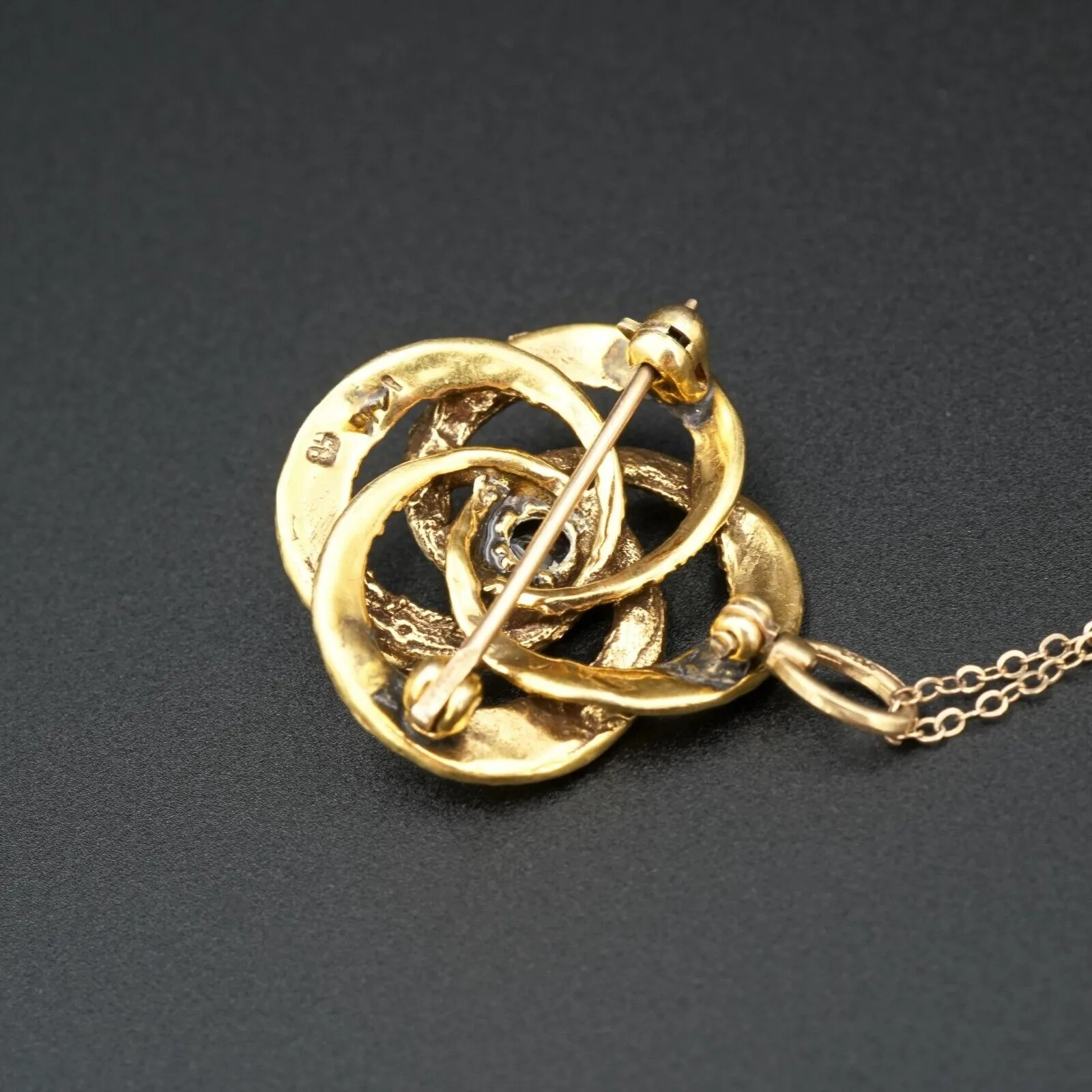Antique 14k Yellow Gold Garnet Love Knot Pendant Necklace Brooch 18" NG1385