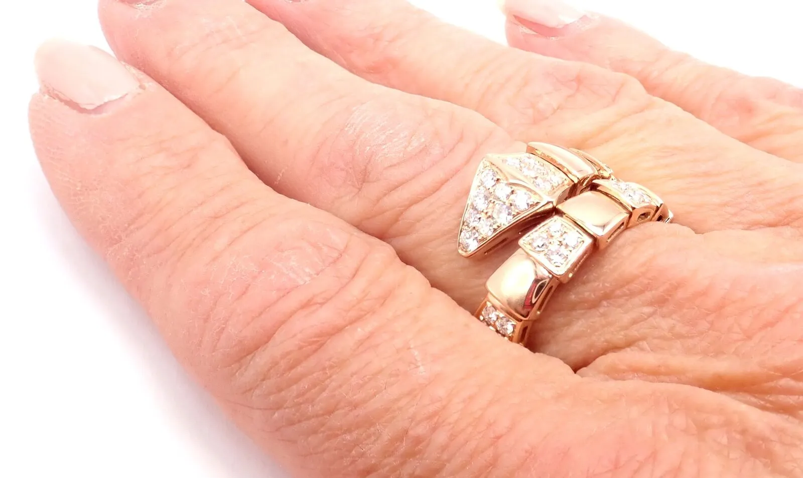 Authentic Bulgari Bvlgari Serpenti Viper 18k Rose Gold Diamond Band Ring Sz 8.75