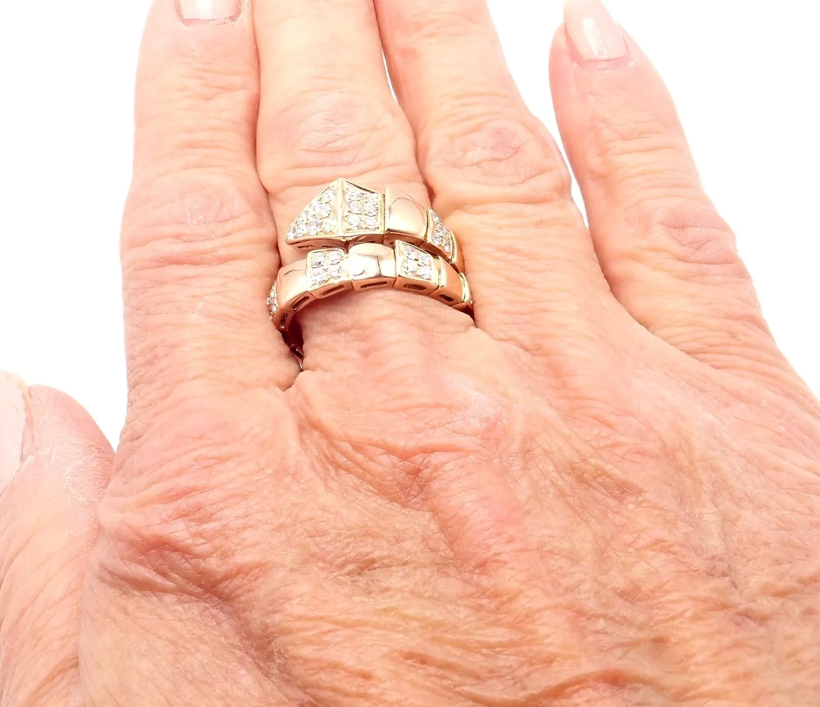 Authentic Bulgari Bvlgari Serpenti Viper 18k Rose Gold Diamond Band Ring Sz 8.75