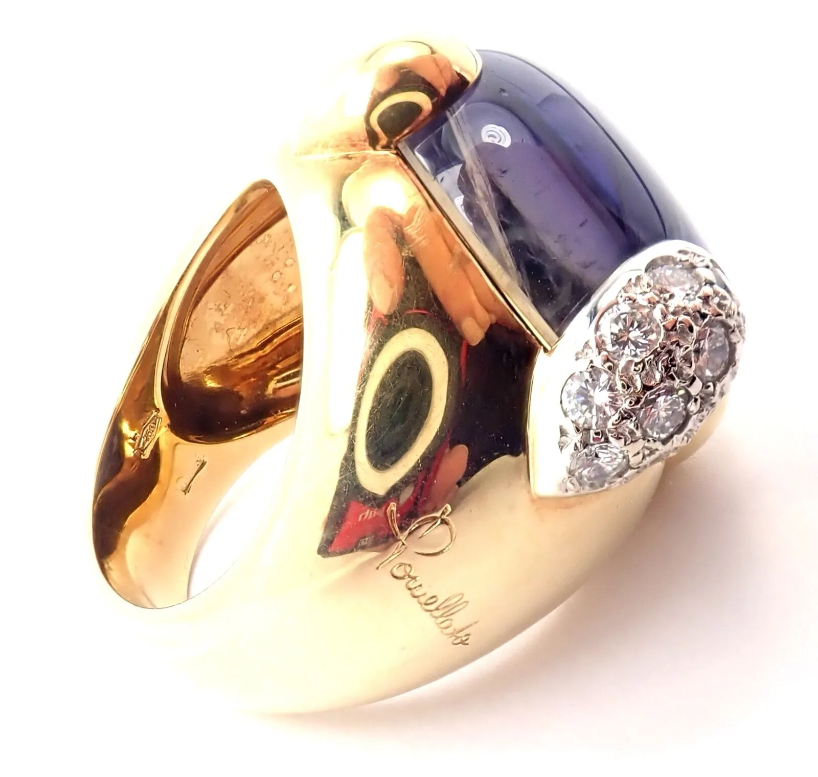 Authentic! Pomellato Griffe 18k Yellow Gold Diamond Large Iolite Ring