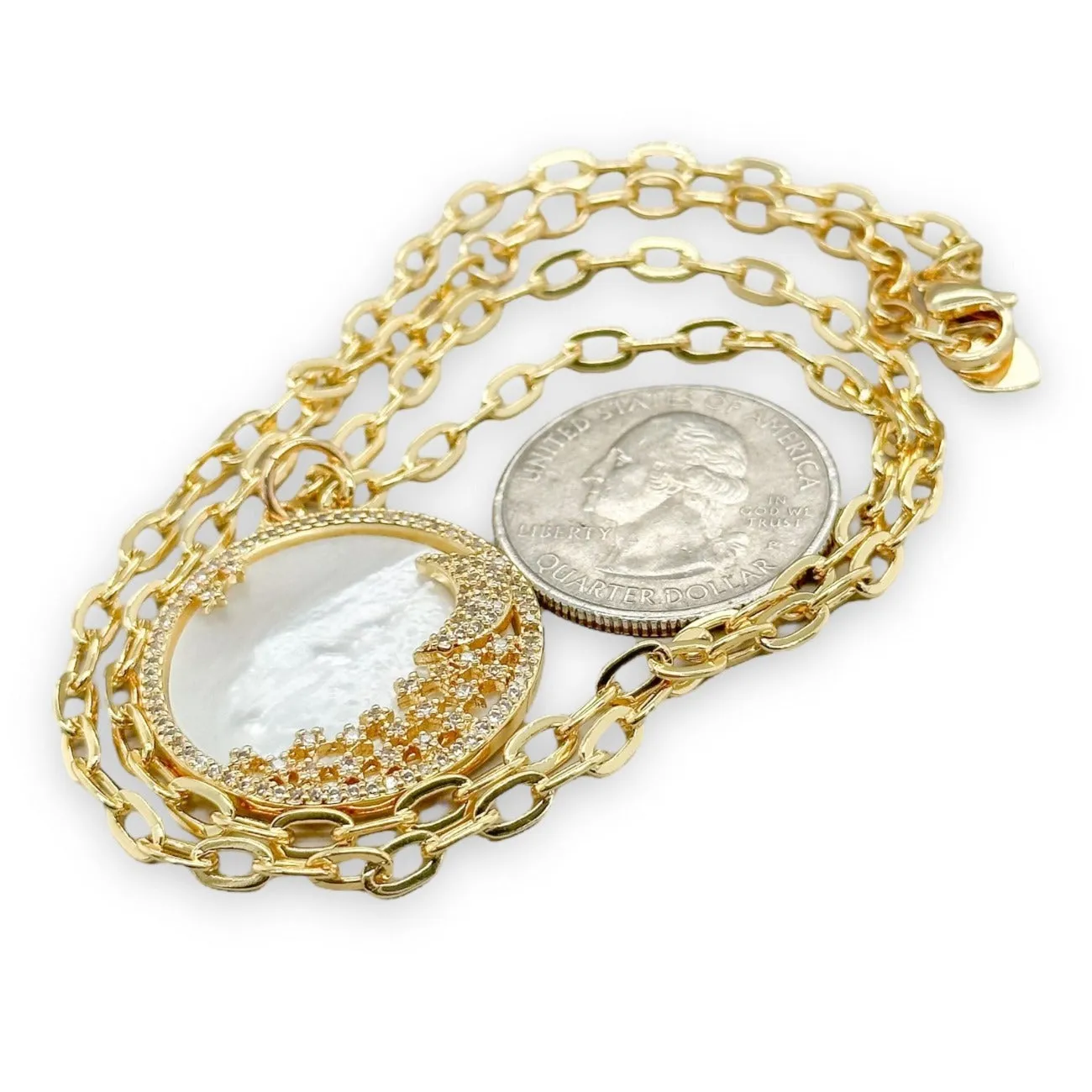 Brass YGP CZ Mother Of Pearl Moon Pendant
