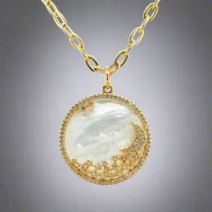 Brass YGP CZ Mother Of Pearl Moon Pendant