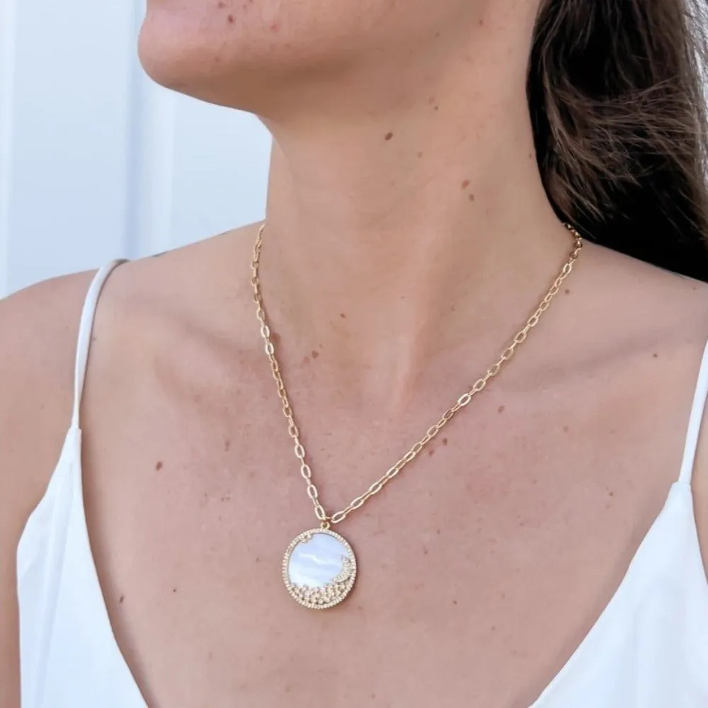 Brass YGP CZ Mother Of Pearl Moon Pendant