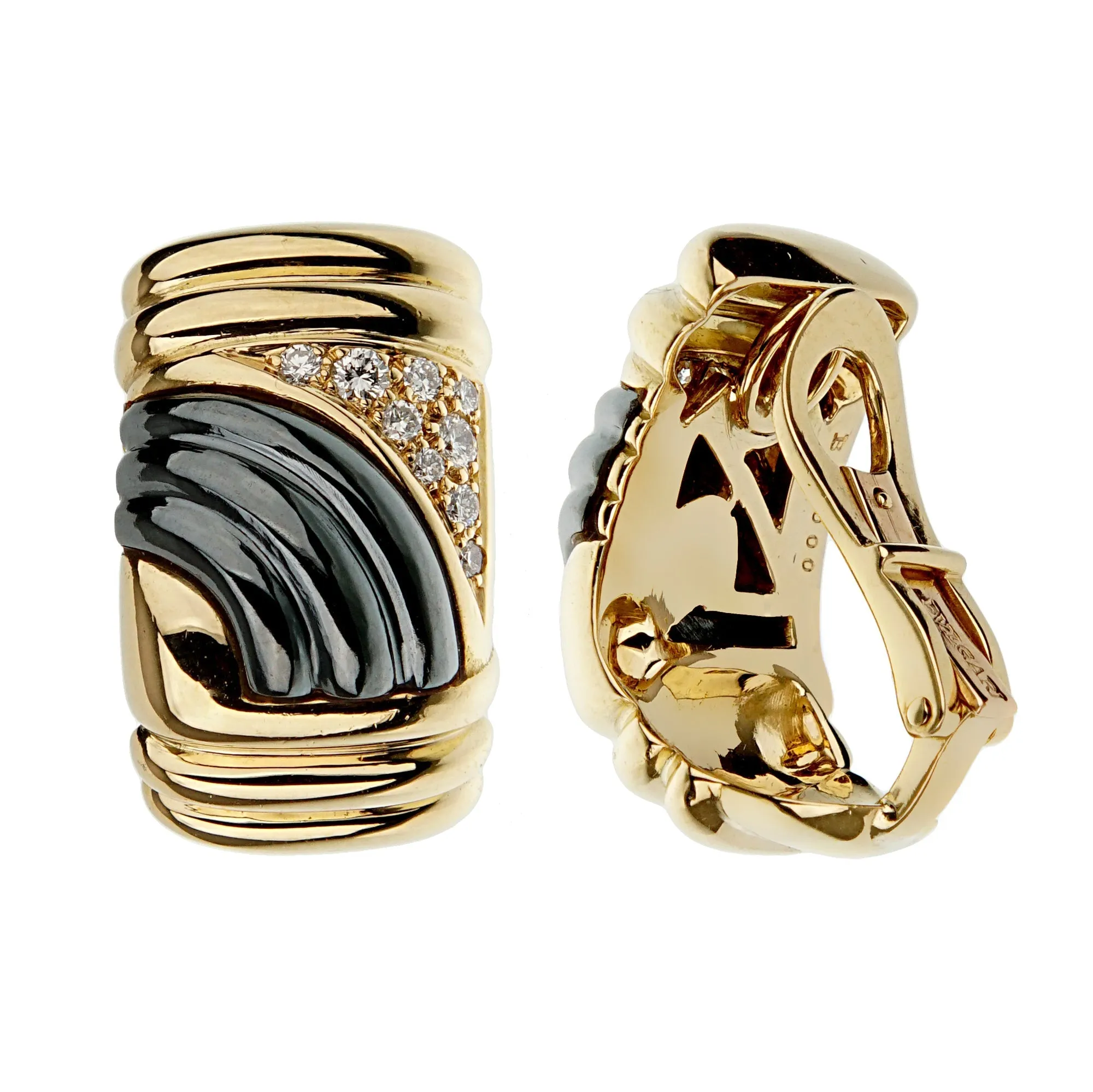Bvlgari Parentesi Vintage Diamond Hematite 18k Yellow Gold Earrings