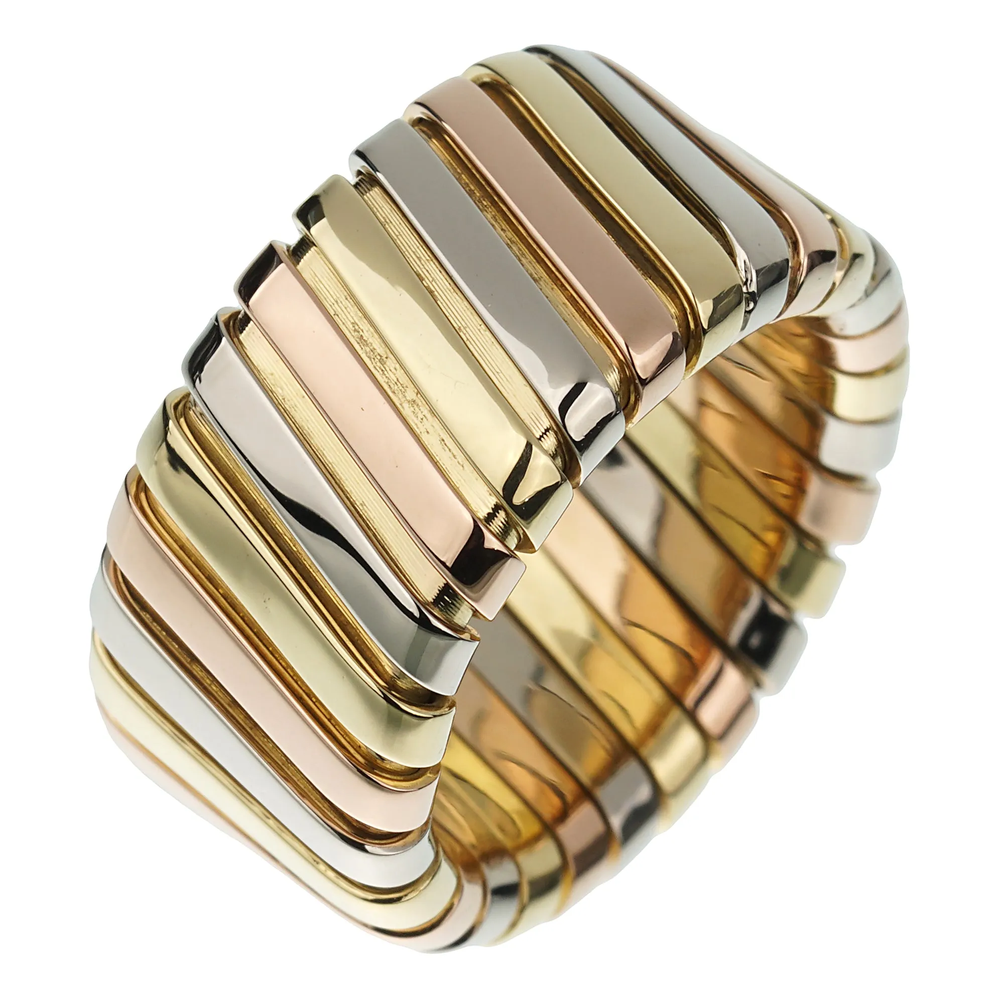 Bvlgari Tubogas Wide White Yellow Rose Gold Band Ring