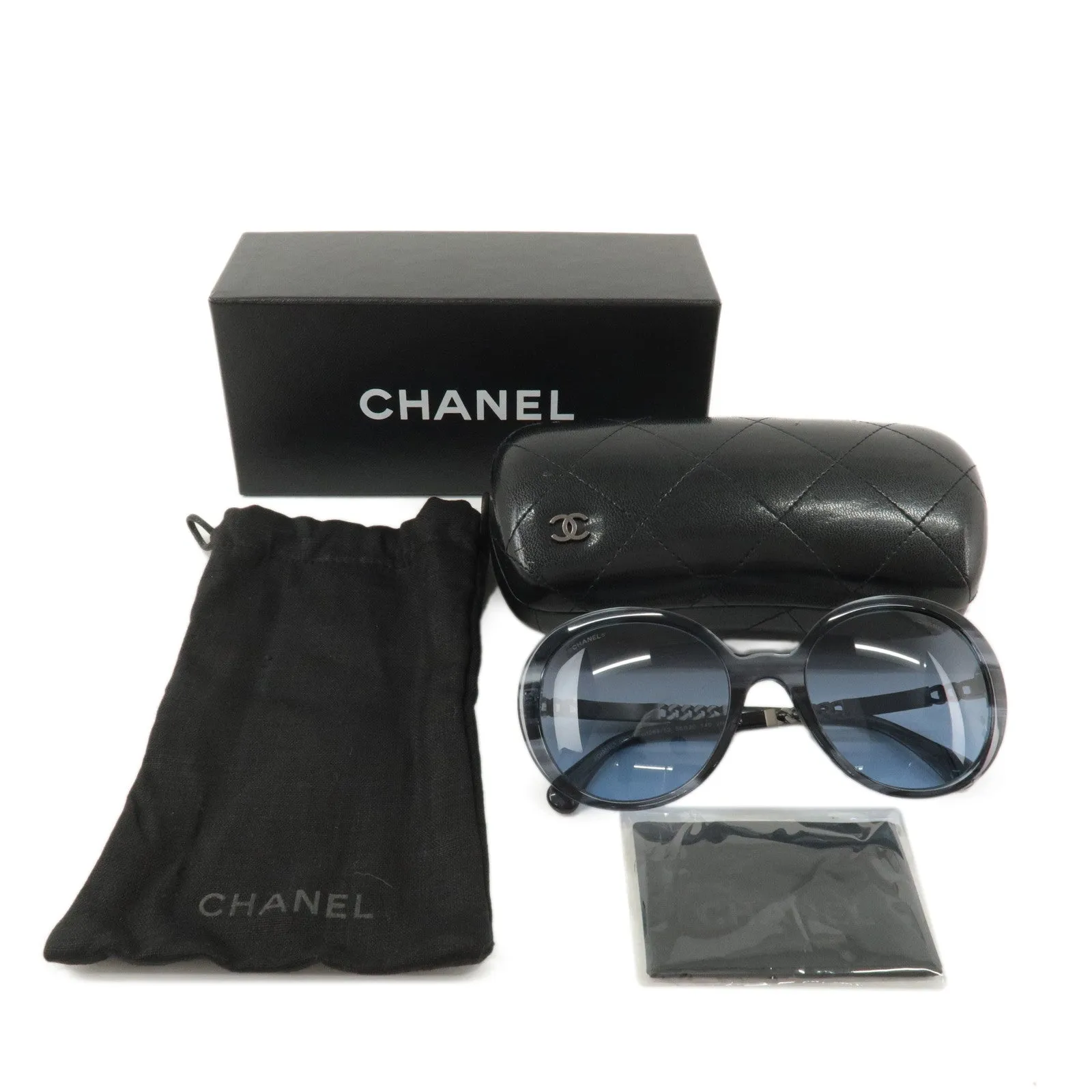 CHANEL Plastic Metal Chain Motif Sunglasses 56E20 140 Black 5353-A Used