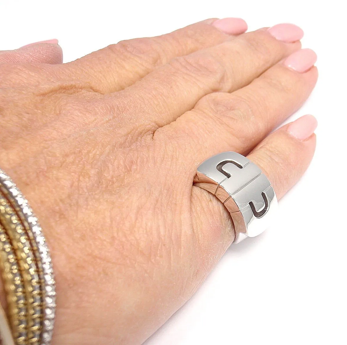 CLASSIC! AUTHENTIC! BVLGARI BULGARI 18K WHITE GOLD PARENTESI RING BAND SIZE 5