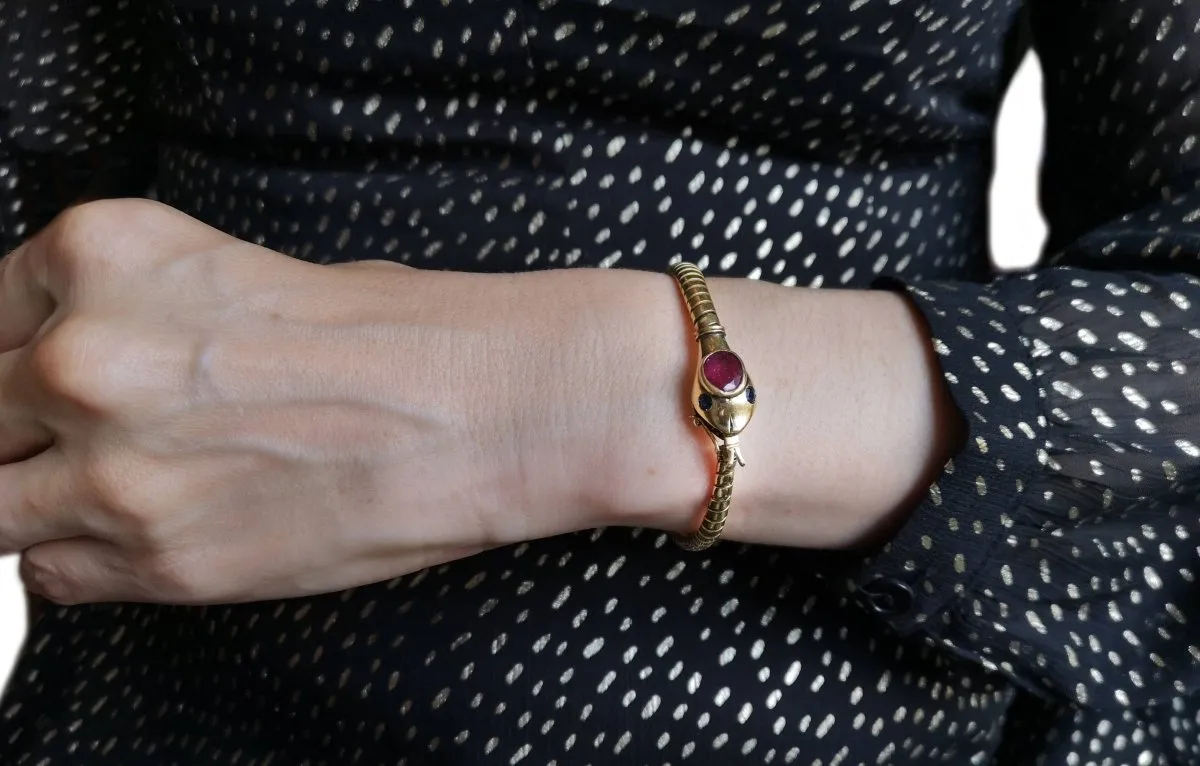 Vintage 1940s Tubogas Tourmaline & Sapphire Snake Ouoboros Bracelet